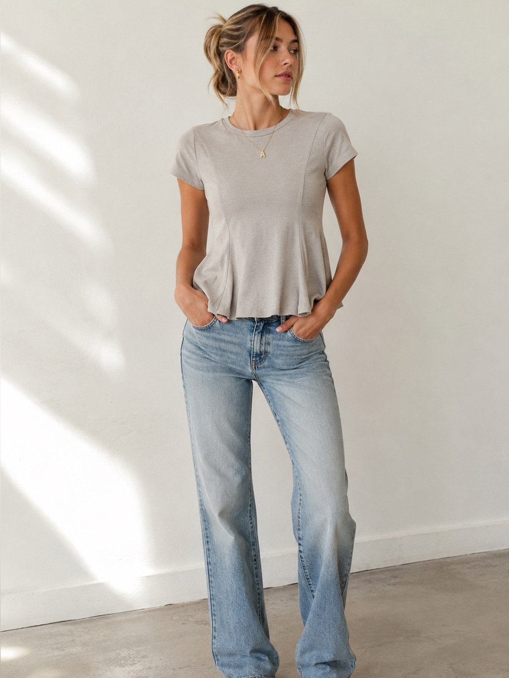 Good Luck Gem Fit & Flare Short Sleeve Top Light Grey XS NWT
